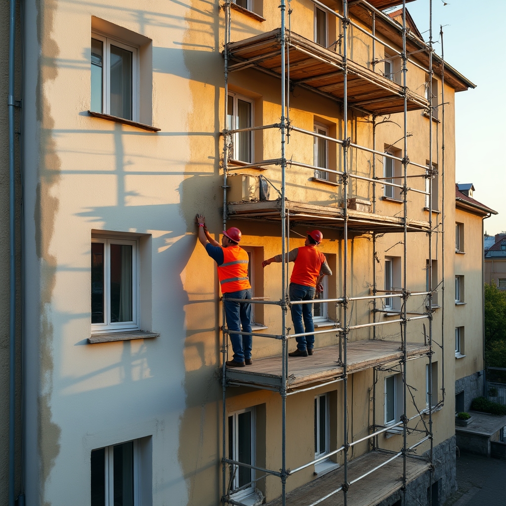 Construction workers renovating the facade of a residential apartment building in Poland